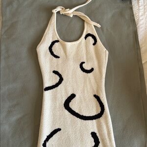 House of Sunny Cream Knit Halter Mini Dress with Black Abstract Pattern